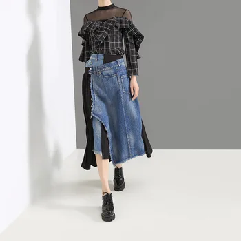 

2020 Summer New Style Korean Women's Empire Denim Skirts Casual Asymmetrical Patchwork Pleated Skirts