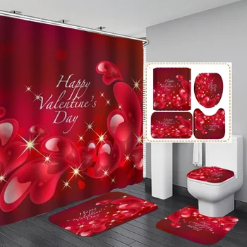 

Valentines Day Romantic Bathroom Shower Curtain Waterproof Bath Curtain Set Toilet Cover Mat Floor Mat Non-Slip Bathroom Rug Set