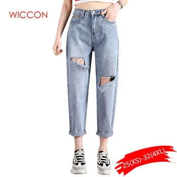 

Women High Waist Straight Jeans Female Loose Autumn Summer Thin Nine Points Knee Hole Ladies Ankle Length Casual Zipper Jeans