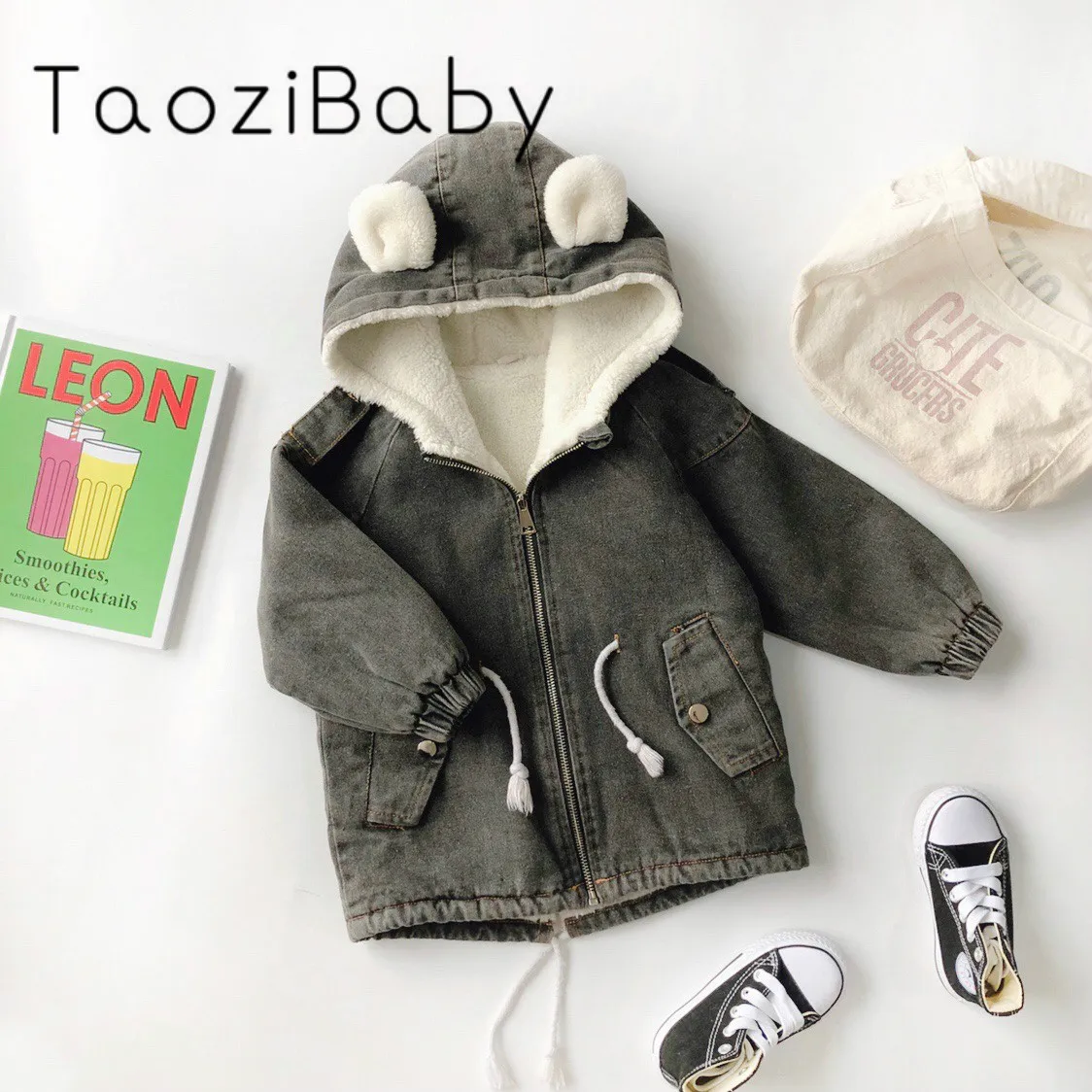 Little Girls Winter Clothing Coat Winter New Children Clothes Girls Plus Velvet Denim Jacket Baby Hooded Ears Denim Shirt