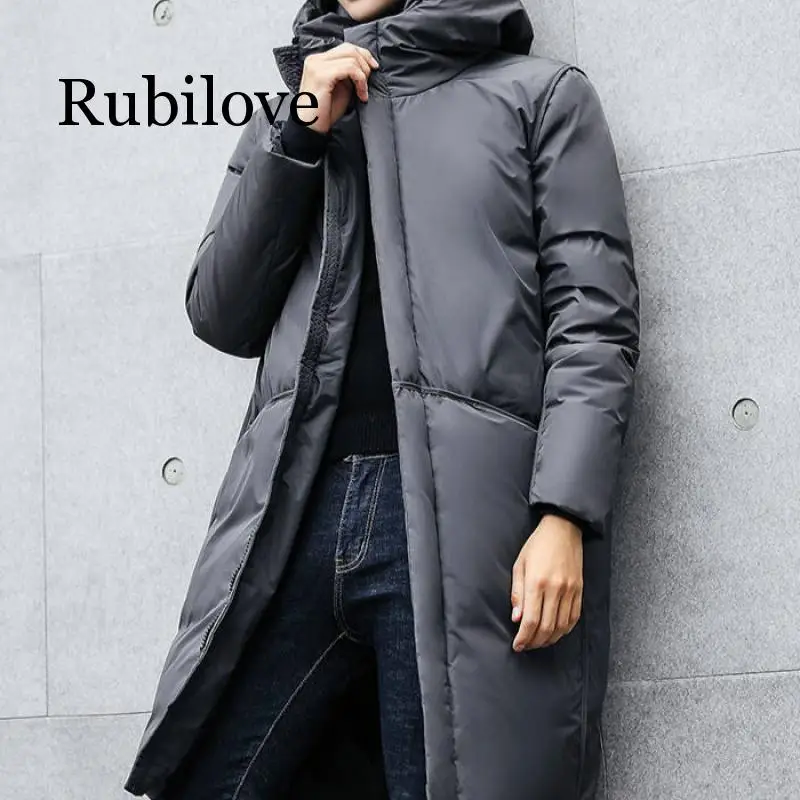 Rubilove, длинное пальто с капюшоном, новинка, 3XL размера плюс, мужская мода, Повседневный, утолщенный пуховик, мужская куртка на белом утином пуху