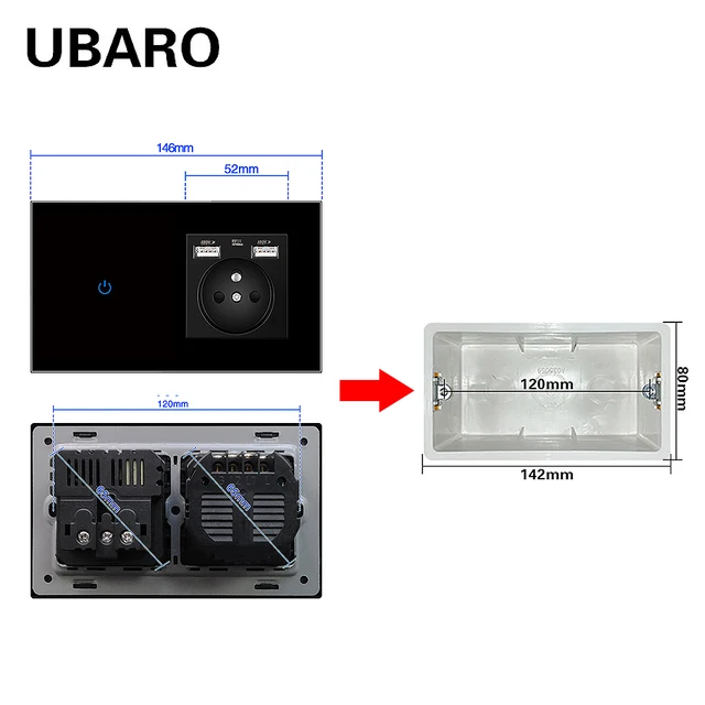 UBARO FR Std Tempered Crystal Glass Wall Panel Light Touch Switch Electrical Sensor Button Power Socket UBARO FR Std Tempered Crystal Glass Wall Panel Light Touch Switch Electrical Sensor Button Power Socket Usb 5V 2100mA Prise 16A