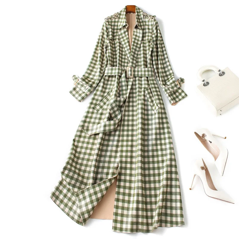 

Fashion women's plaid Trench coat 2019 autumn high quality women elegant faux suede overcoat windbreaker A904