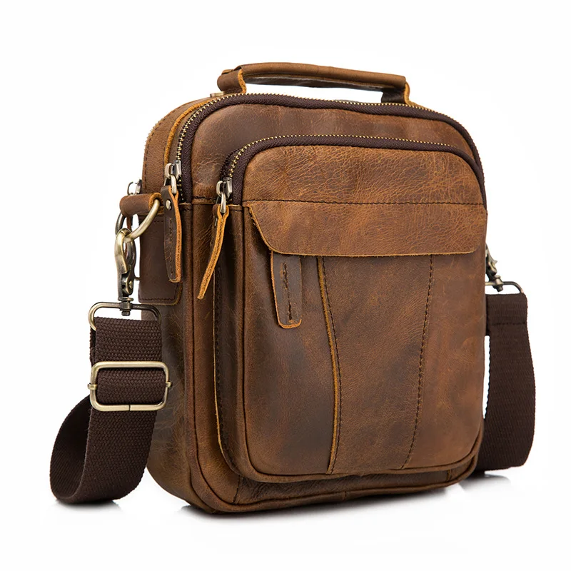 

New Men's Handbag Crazy Horse Genuine Leather Shoulder Bag Men Crossbody Messenger Bags 8' Casual Handle Travel Pack For Ipad