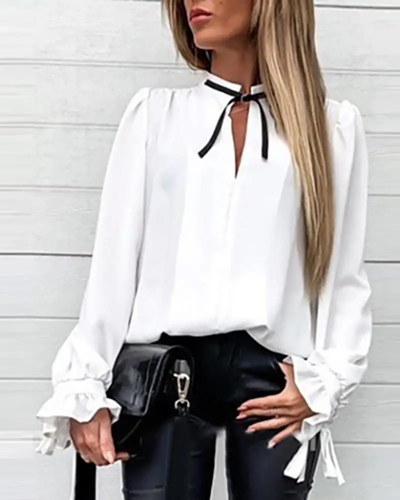 Женская шифоновая блузка с длинным рукавом, однотонная, с оборками, с манжетами, с завязками на шее, рубашка, OL, блузка, топы, рабочая одежда - Цвет: Белый