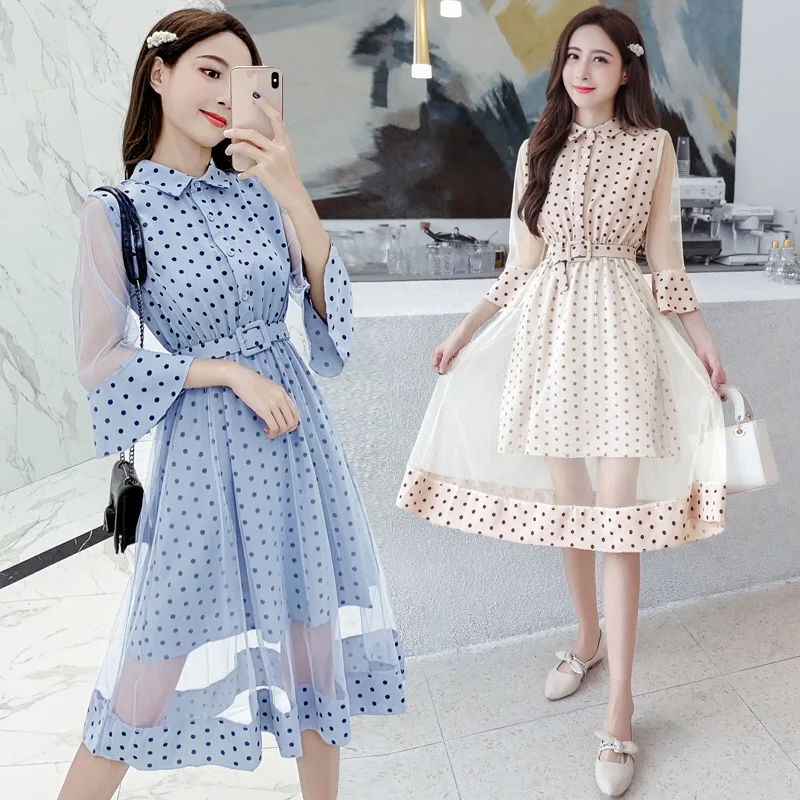 

Spring and summer new style Korean version of slimming temperament dress Polka dot flare sleeve dress