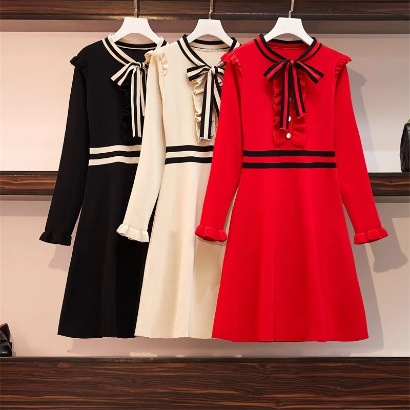 

2019 Winter Women's Red Bow Tie Sweater Dress Large Size Mini Knit Dress Women Pullover Ruffle Dress Vestidos XXXL