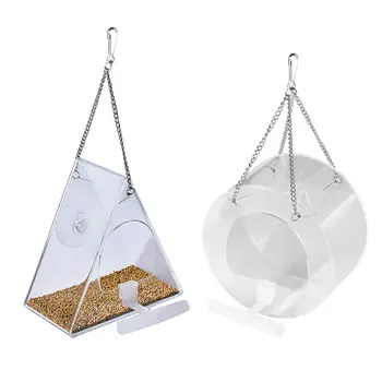 

Acrylic Hanging Window Bird Feeder with Suction Cups & Chains Parrot Perch Seed Tray Box Cage Feeding Tools Watching Wild Birds