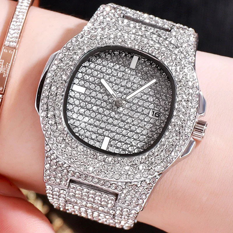 

Full Diamond Ladies Watch Silver Fashion Women Square Quartz Watches Luxury Crystal Stainless Steel Waterproof Date Clock Female