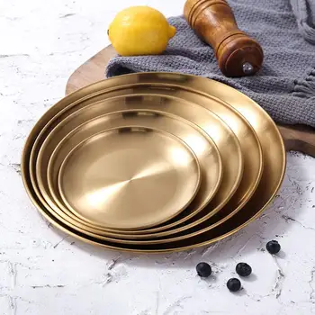 

14/17/20/23/26cm Stainless Steel Food Tray Round Dining Plate Cake Fruit Plate Dish Tableware Meat Dessert Storage Tray Golden