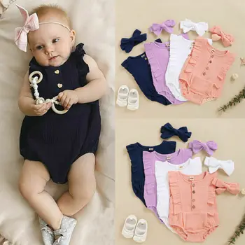 

Newborn Baby Girls Sleeveless Romper Bodysuit Jumpsuit Headband Solid Clothes