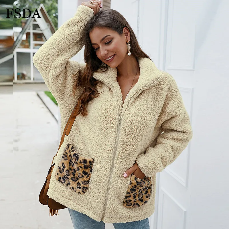 

FSDA Leopard Patchwork Pocket Women Fur Jacket Coat Fluffy Teddy Winter Autumn Zipper 2019 Warm White Blue Jacket