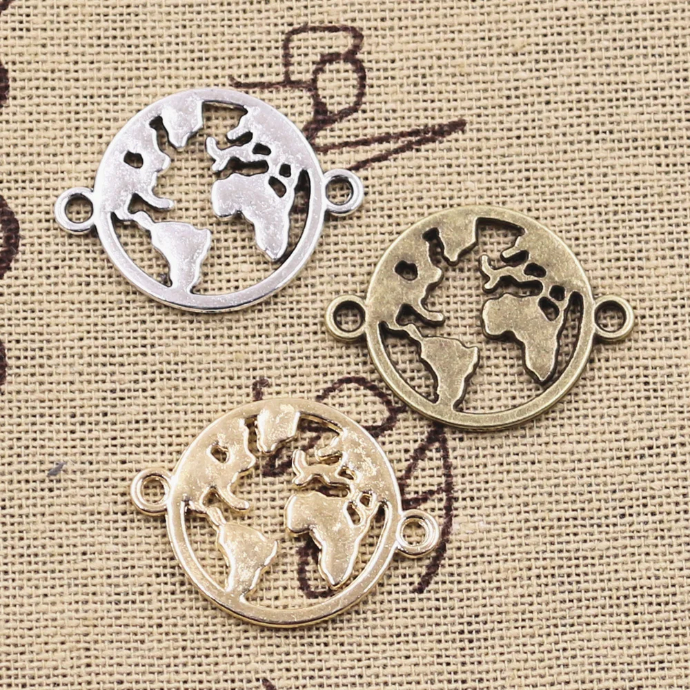 

8pcs Charms World Map Link Earth Connector 20x26mm Antique Bronze Silver Color Pendants Making DIY Handmade Tibetan Finding