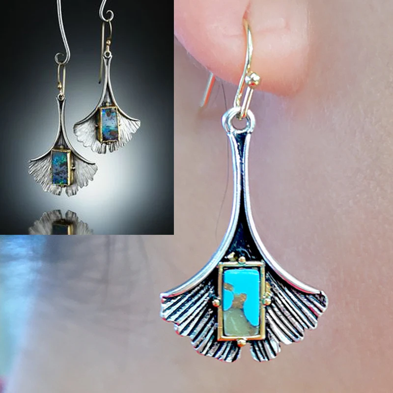 

Bohemian Metal Plant Ginkgo Biloba Leaf Statement Earrings Handmade Jewelry Inlaid Turquoises Gem Stone Dangle Earring Z5D265