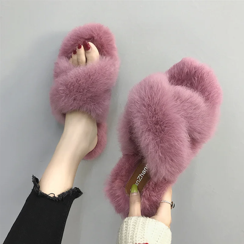 

Winter Fur Slippers for Women Cross Designers Flip Flops Womens Slippers Indoor Female Flat House Slides Ladies Shoes P325