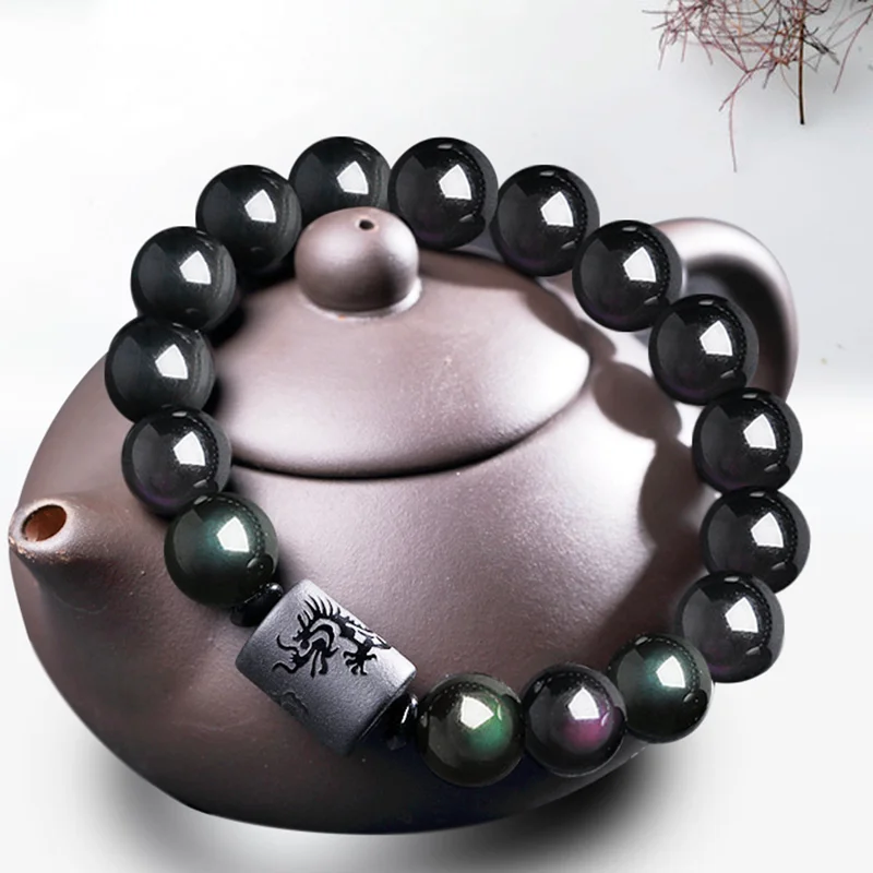 

Feng Shui Black Obsidian Bracelets for man and women Natural Real Stone Beads Dragon Phoenix Paried Jewelry Good Luck Amulet