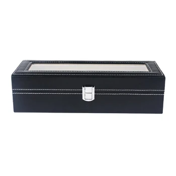 

6 Slot Solid Black Watch Box Case Jewelry Display Organizer With Glass Lid