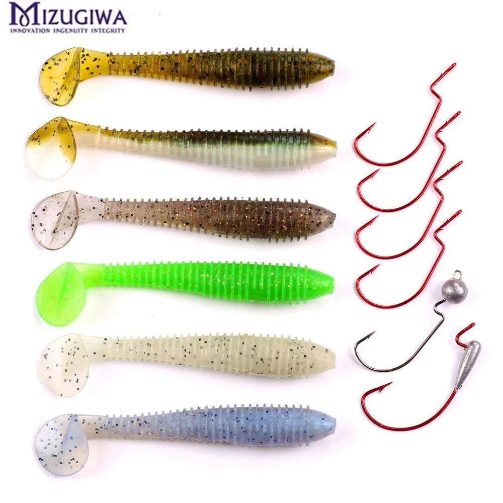 Mizugiwa 12pcs/set Worm Hooks Kit Fishing Soft Lure Baits Bass Jighead Hook Swing Impact Shiner Shad Tail | Спорт и развлечения