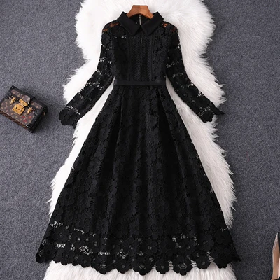Дизайнерское подиумное платье, осенняя одежда, женская мода, длинный рукав, полое, сексуальное, черное, водорастворимое, кружевное платье, вечерние, 2XL-5XL - Цвет: Черный