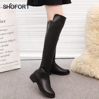 

SHOFORT Black Leather Boots 2020 Over-the-knee Side Zipper Stretch Boots Thick Heel Round Toe Winter Low-heel Sock Shoes Women