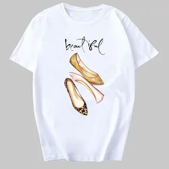 

2020 Women's T-shirt Watercolor High Heels Shoes Print Top Female Tshirt Hip Hop Harry Styles Streetwear Tee White Clothes