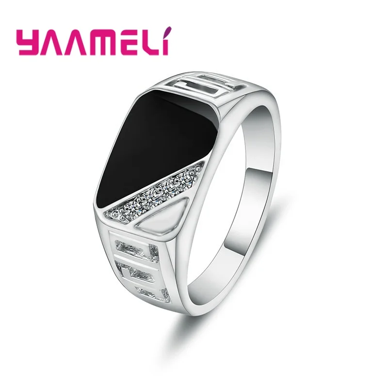Jewelry Ring Square Rhinestone Wide-Band 925-Sterling-Silver Statement Black Unique Mens