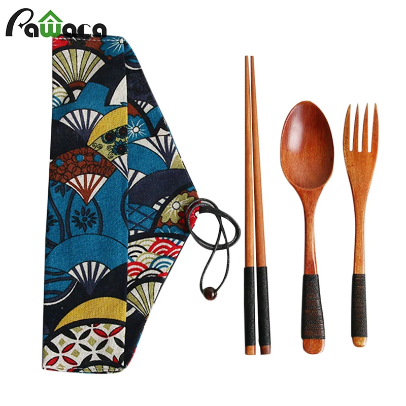 

4pcs/set Kitchen Utensil with Cloth Bag Bamboo Reusable Portable Wooden Cutlery Set Spoon Fork chopsticks for Travel Outdoor
