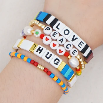 

Shinus Love Letter Beads Jewelry Enamel Tile Bracelet For Women Bohemian Fashion Real Pearls Heart Bracelets Wholesale