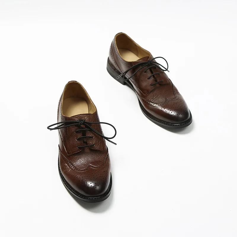 

Oxfords Women Calfskin Genuine Leather Lace-Up Ladies Brogue Flat Shoes Derby Shoes Retro Brock Women's Shoes
