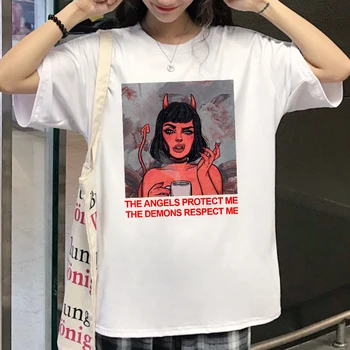 

New THE ANGELS PROTECT ME THE DEMONS RESPECT ME print T-shirt chic Harajuku vintage large size loose top women's fashion T-shirt