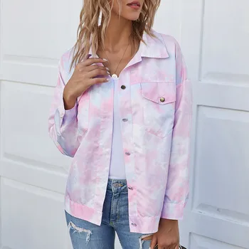 

Autumn and winter tie-dyed printed bomber jacket ladies button retro jacket long-sleeved basic plus size motorcycle jacket women
