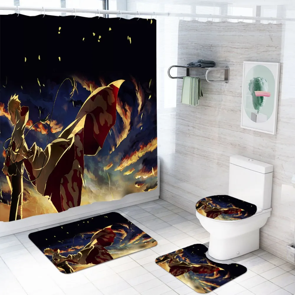

Black Shower Curtain 4 PCS/Set Anime Naruto Under the Night Sky Polyester Screen Bathroom Mat Set Non-slip Foot Mat Toilet Rug