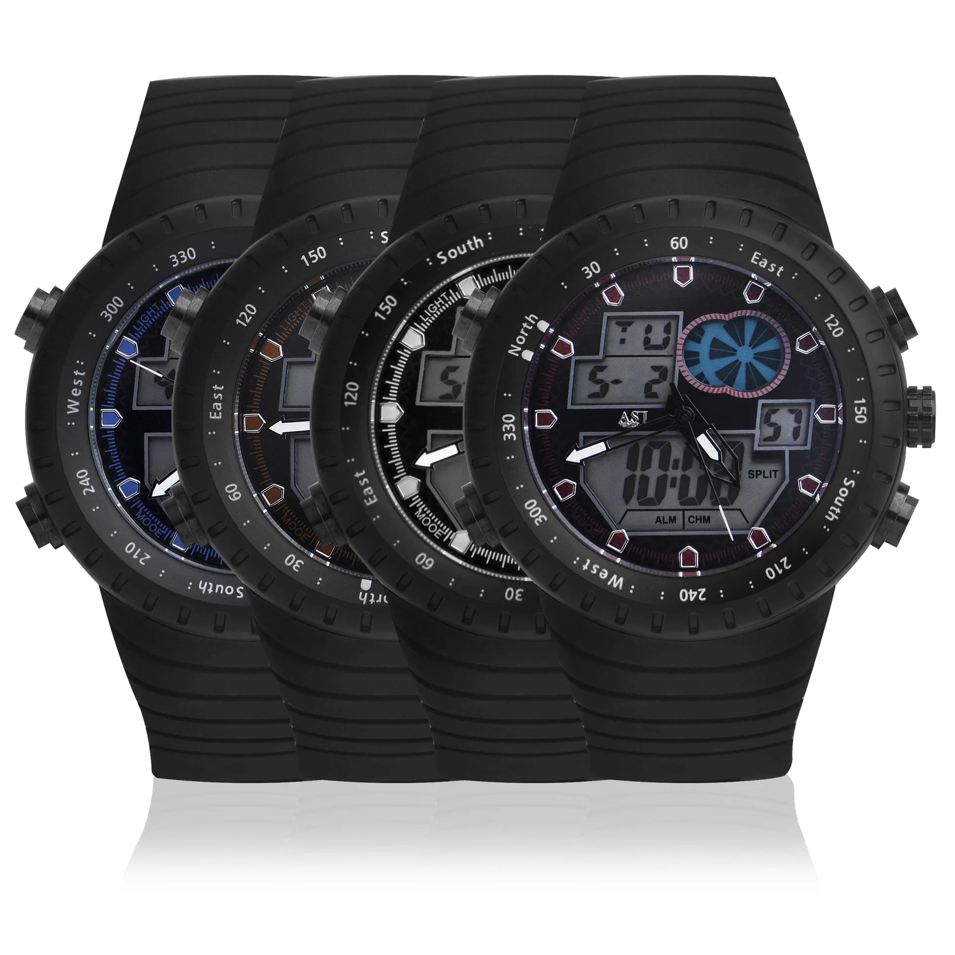 

ASJ Multi-functional Date Seconds Waterproof Back Lamp Night Light Hands Dual Display Sports Electronic Watch Silicone Watch