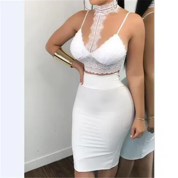 

Women Sexy 2 Piece Bodycon Sleeveless Skirts Ladies Two Piece Casual Top Skirt Set Lace Up Dress Summer Party Clubwear White Hot