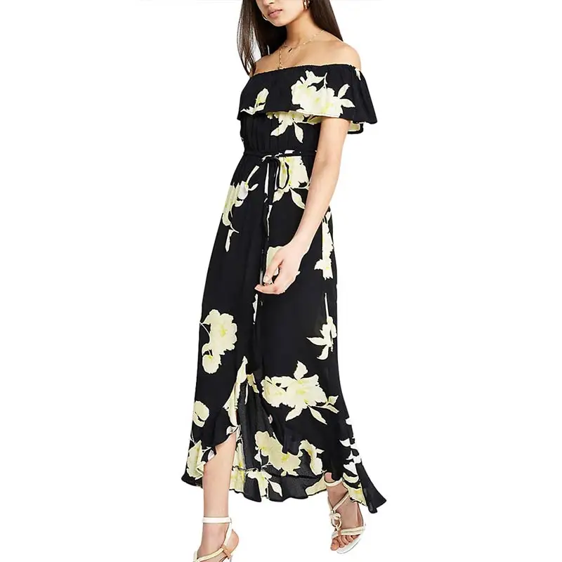 Yellow MISSJOY Сплит асимметричное голеностопное сексуальное с открытыми плечами летнее женское платье Бохо винтажное печатное элегантное женское платье пляжное - Цвет: Yellow
