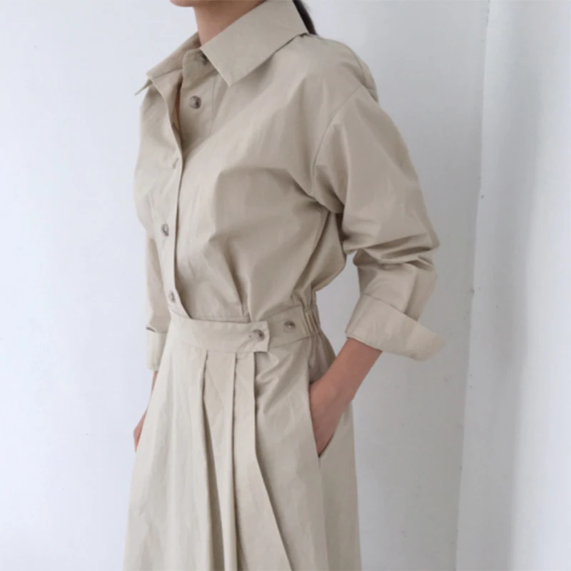 

2019 Autumn Office Lady Tunic Slim Pleated A-line Dresses Turn-down Collar Solid Cotton Women Long Dress Female Vestidos S109