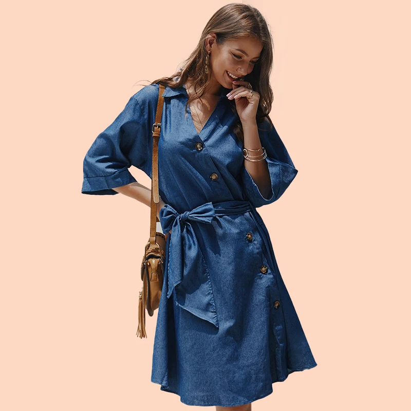 Dark blue Джинсовое платье женские классические ремни с бантом однотонные осенние vestidos mujer винтажные зимние свободные трапециевидные Хлопковые Платья с косой пуговицей одежда - Цвет: Dark blue