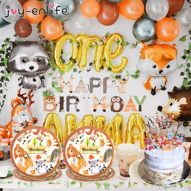 Decor D Anniversaire A Theme Animaux De La Foret Pour Enfant Cet Ensemble D Accessoires De Decoration Pour Fete Comprend Topper Gateau Et Pics Petits Animaux Assiettes Et Gobelets En Carton Couverts Aliexpress