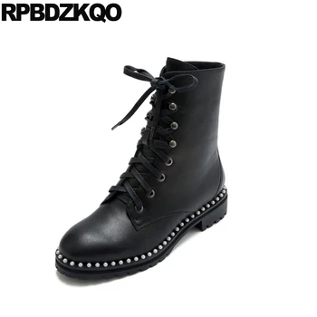 

chunky genuine leather suede combat military army pearl fall women ankle boots 2019 round toe black british shoes fur lace up