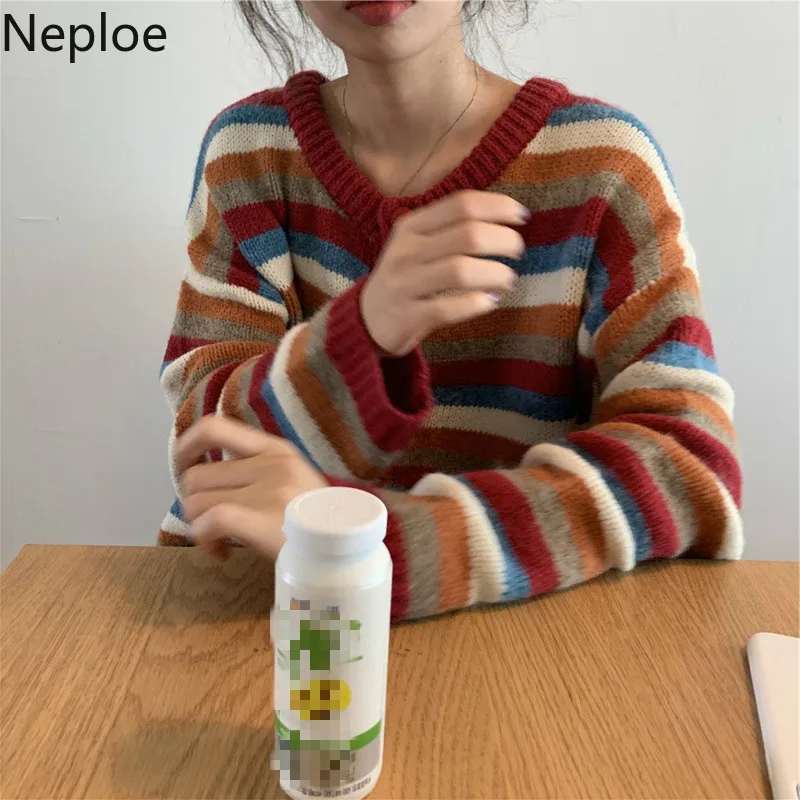 Neploe, корейский Радужный полосатый свитер, кардиган, женский, Ретро стиль, свободный, вязанный, с одной грудью, для женщин, с круглым вырезом, осеннее пальто 471111