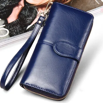 

2020 New Women Oil Wax Leather Wallet Large Capacity Zipper Purse Female Purses Ladies Long Wristlet Clutch Coin Card Holders