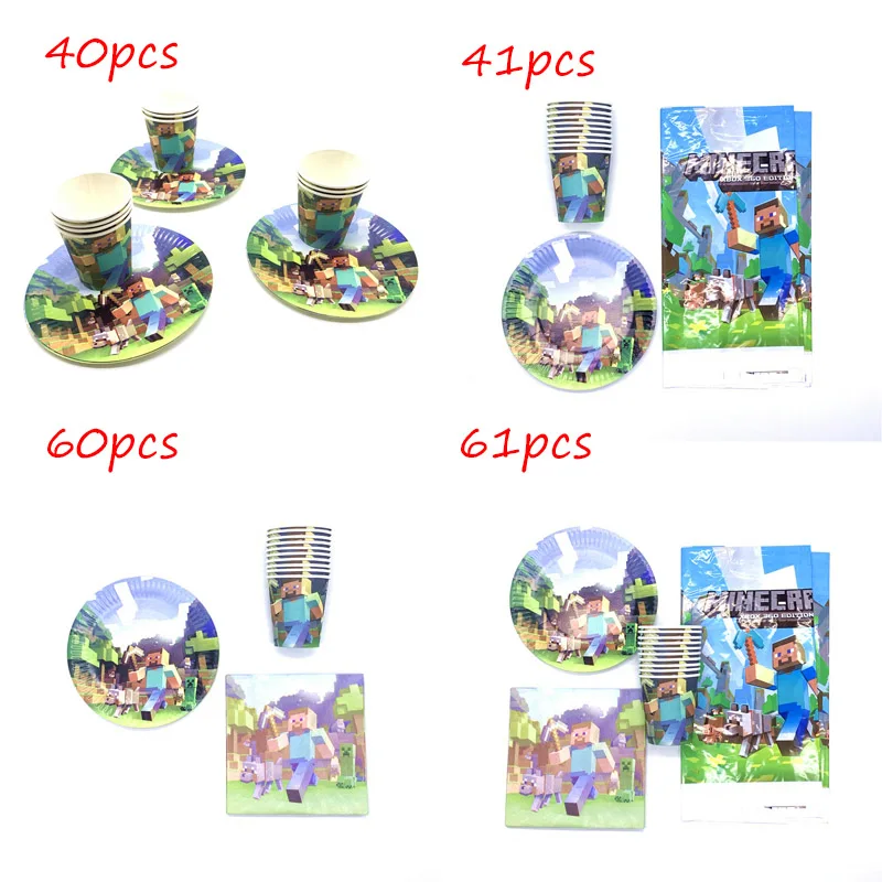 

Cartoon Game Minecraft 61pcs/lot Disposable Tableware Set Christmas Decorations Supplies Plate Cup Napkins Tablecloth Supply