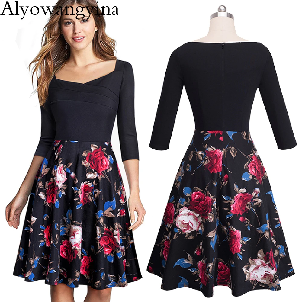 Alyowangyin, 65% хлопок,, новинка, цветочный принт, пэтчворк, с рюшами, Vestidos, повседневное, квадратный воротник, а-силуэт, женское расклешенное платье RA075