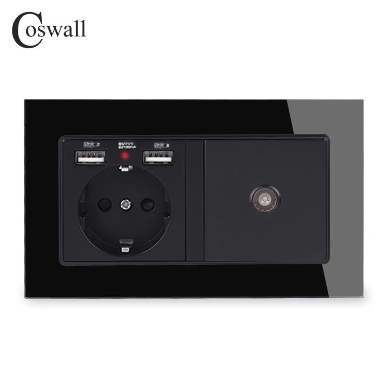 COSWALL Россия Испания стандарт ЕС розетка 2 USB порт зарядки со скрытым мягким светодиодный+ женский ТВ разъем рамка с закаленным стеклом
