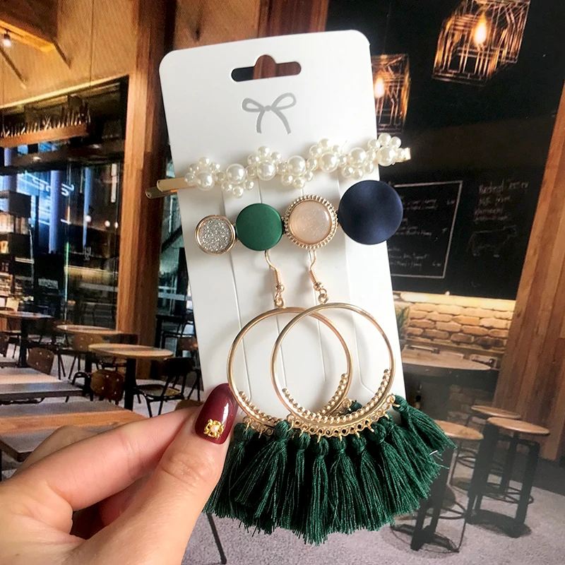 Fashion Earrings Set Pearl Hair Clips Barrettes and Tassel Earring For Women Acrylic Hairpins Sweet Girls Hair Accessories 2020