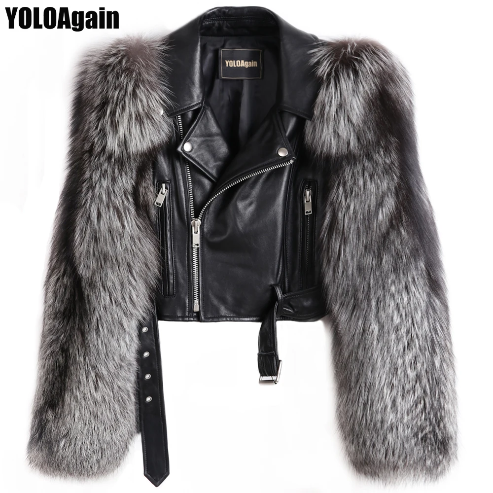 

YOLOAgain women short genunie leather jacket ladies silver fox fur sleeve real sheepskin leather jacket
