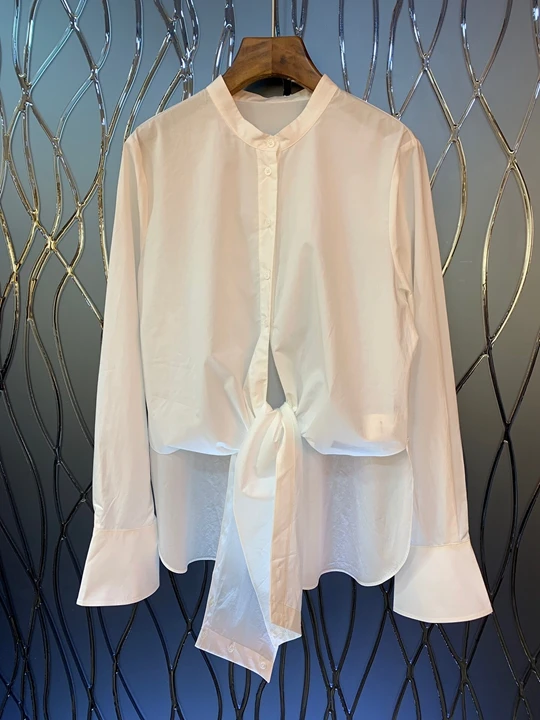 

2019 Early autumn new women's round collar irregular cut knot decorative solid color long sleeve shirt 828