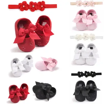 

2019 Brand Newest Toddler Kids Baby Girls Boys Lace Floral Soft Shoes Spring First Walkers Bowknot Shoes +Headband 2PCS 0-18M