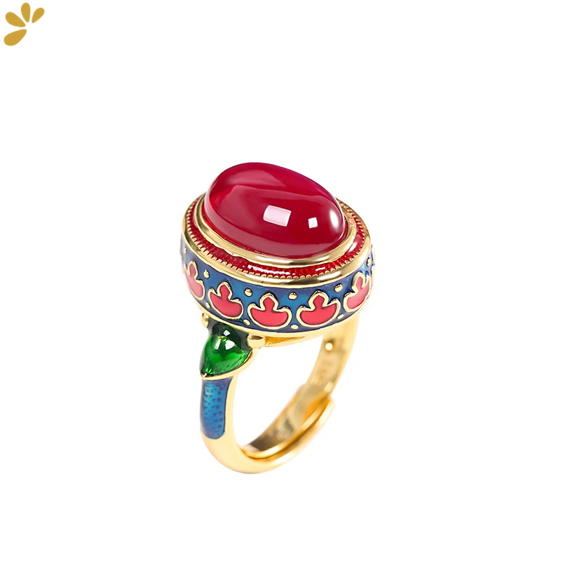GEEZENCA S925 Silver Gold Plated Red Corundum Enamel Color Women's Ring Cloisonne Vintage Trendy Open Rings Fine Jewel