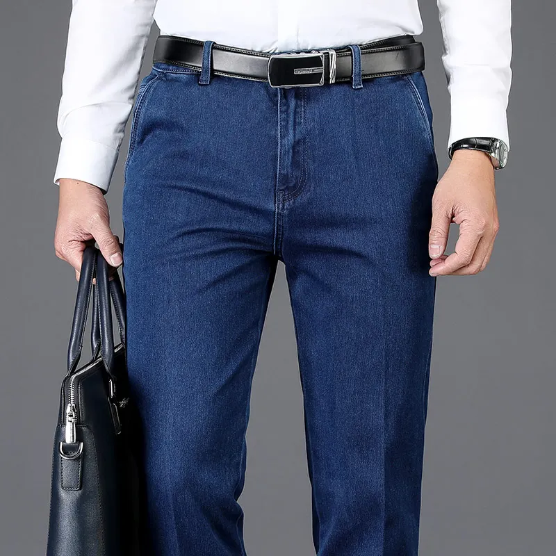 Trousers Male Jeans Brand Pants High-Waist Mens Stretch Thick Straight Casual Denim